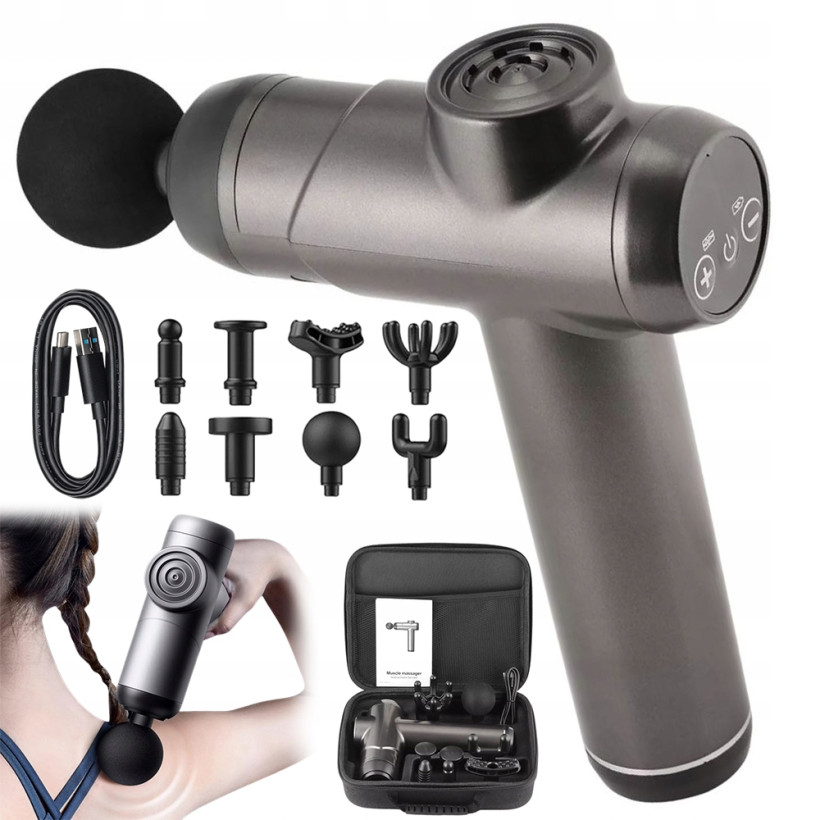 MASAŻER 3200 OBR/MIN GŁĘBOKI MASAŻ 99 STOPNI 8 KOŃCÓWEK DO 6H PRACY Czarny 