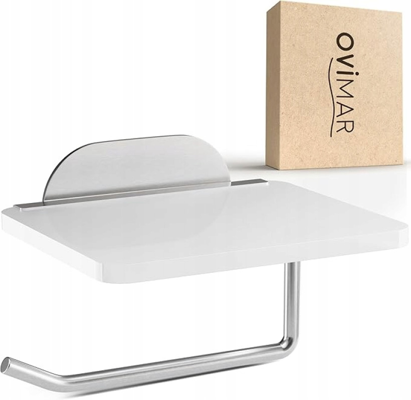 OVIMAR UCHWYT NA PAPIER toaletowy z półką szklaną – montaż bez wiercenia