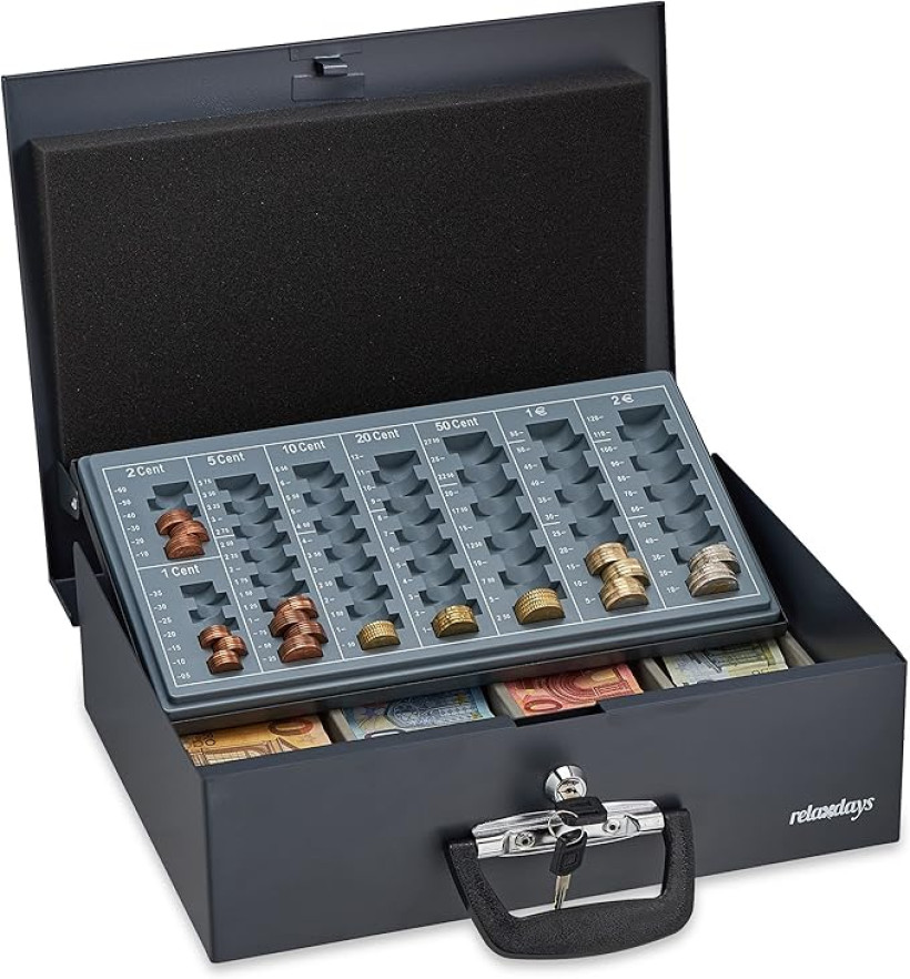 Kasetka na pieniądze, zamykana, deska do liczenia monet, stal, 2 klucze, monety i banknoty, 10,5 x 36 x 27,5 cm