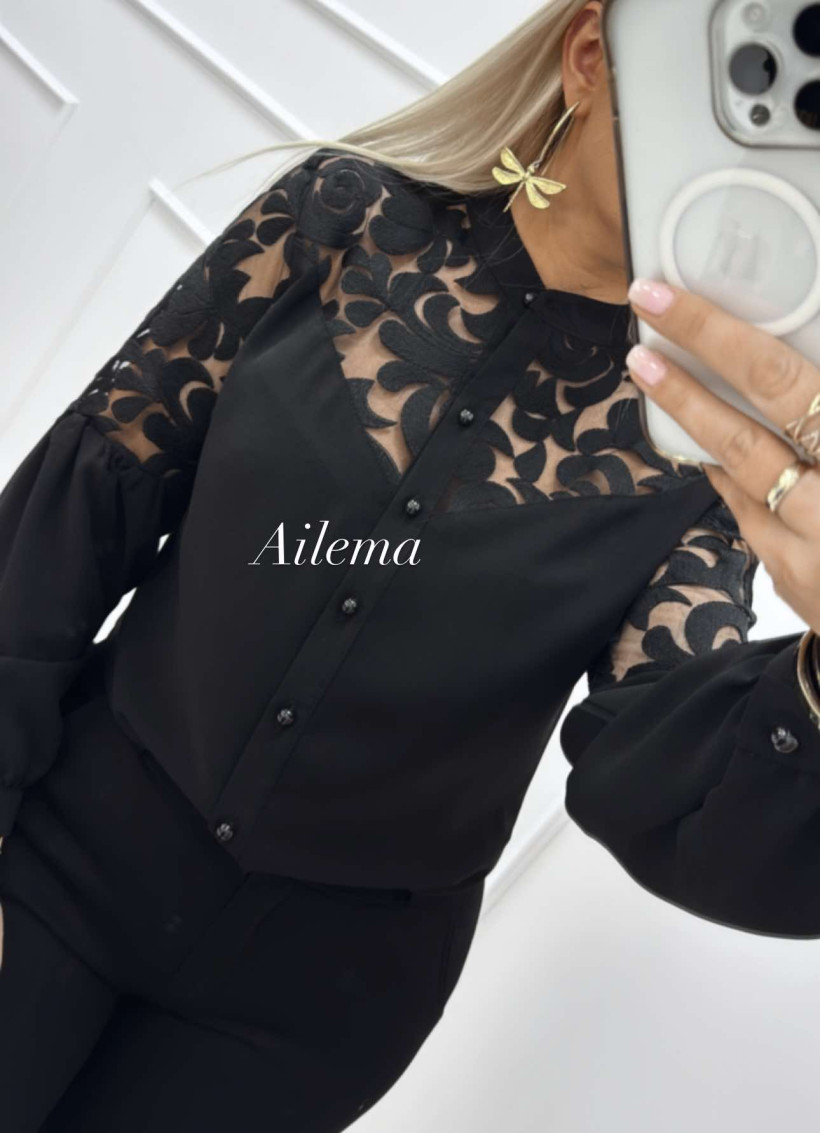  Elegancka Koszula czarna  EMG kk1083  z haftem perełkowe guziki