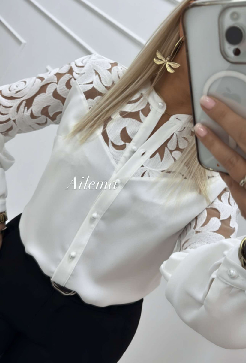 Elegancka Koszula biała EMG kk1084  z haftem perełkowe guziki