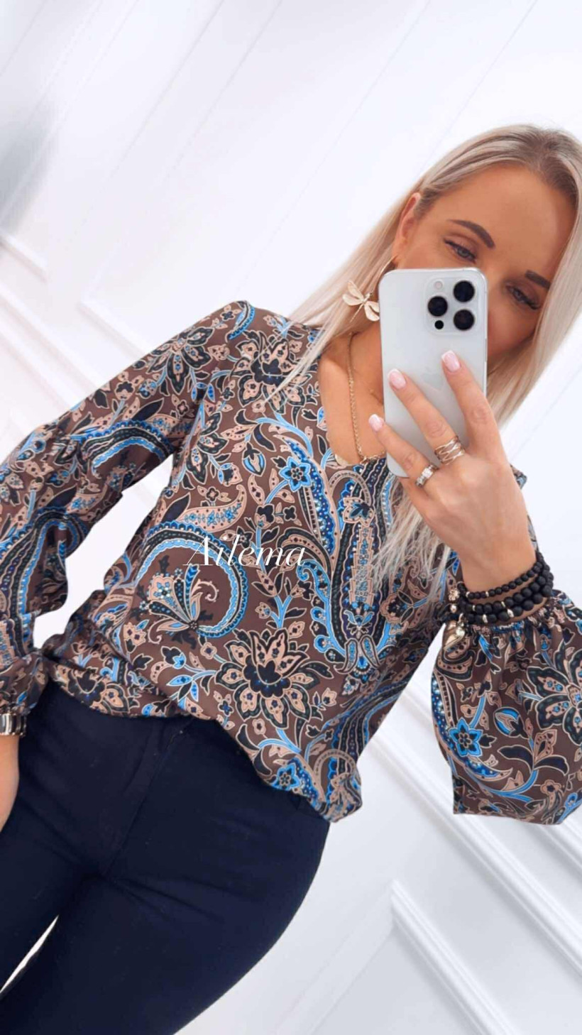 Koszula Ailema Madex kk1088 czekoladowa w niebieskie wzory