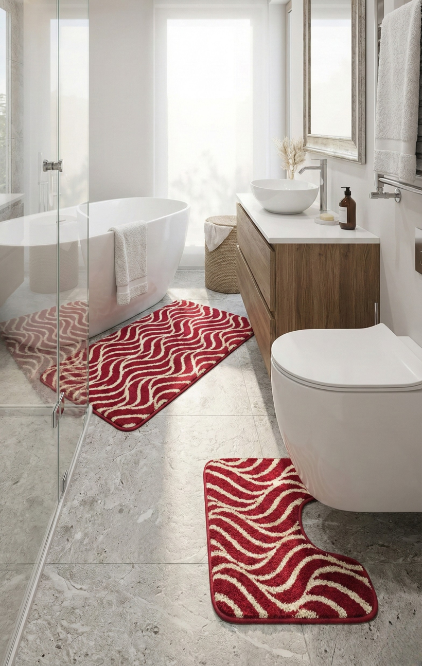Komplet dywaników bordowe fale 100x60cm i 50x60cm z wycięciem