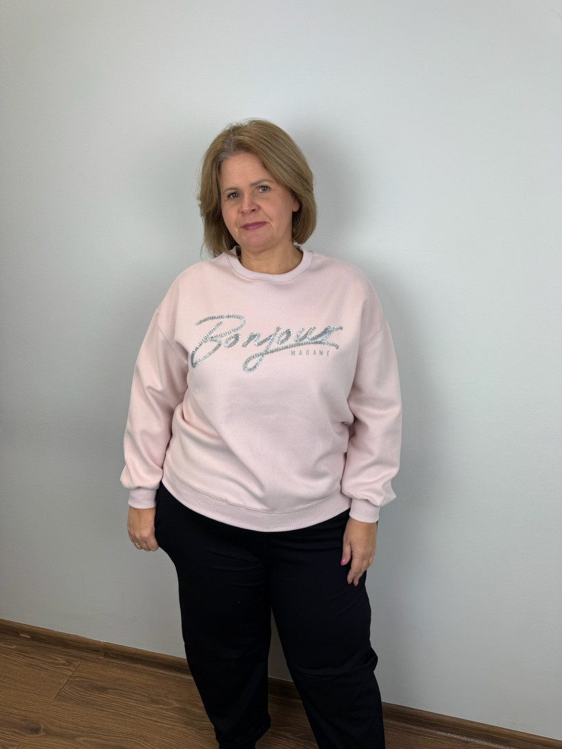 Bluza jednokolorowa napis srebrny bonjour - 25501 - puder