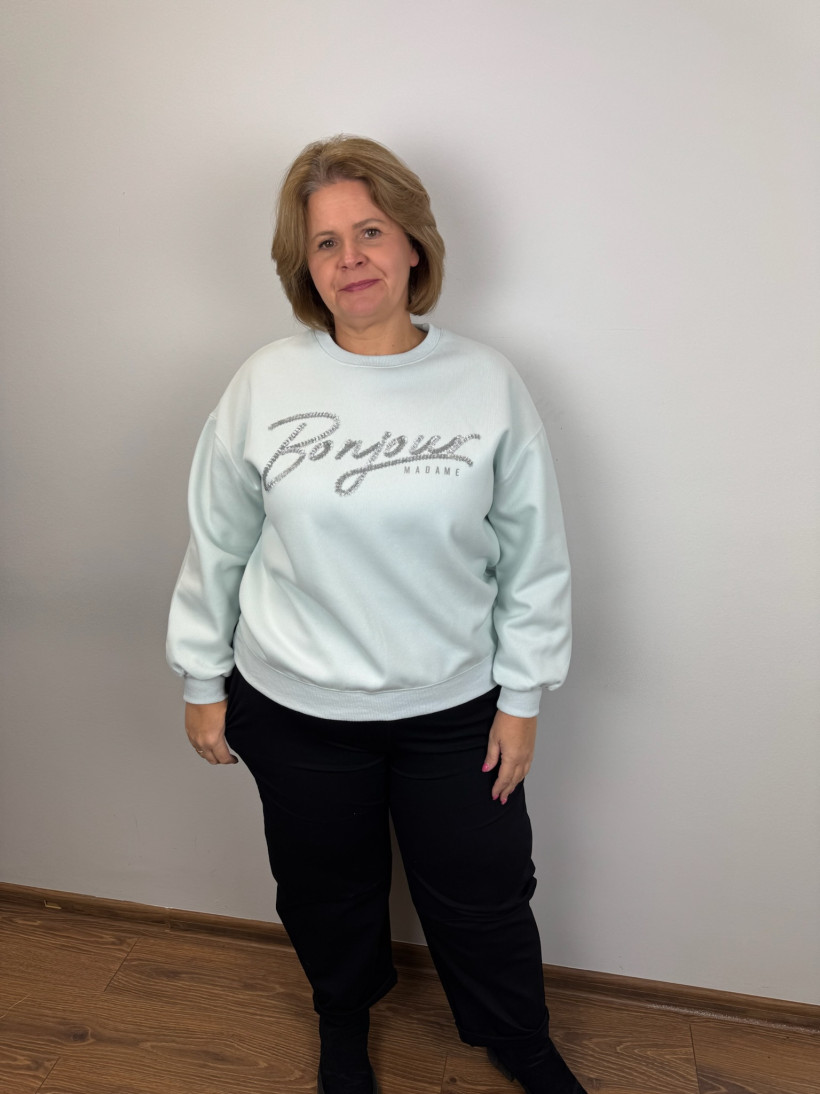 Bluza jednokolorowa napis srebrny bonjour - 25501 - mięta
