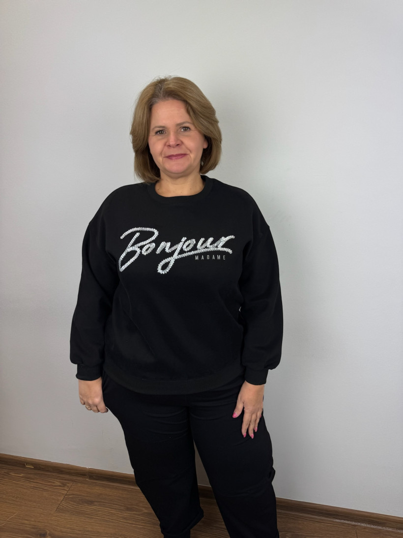 Bluza jednokolorowa napis srebrny bonjour - 25501 - czarna