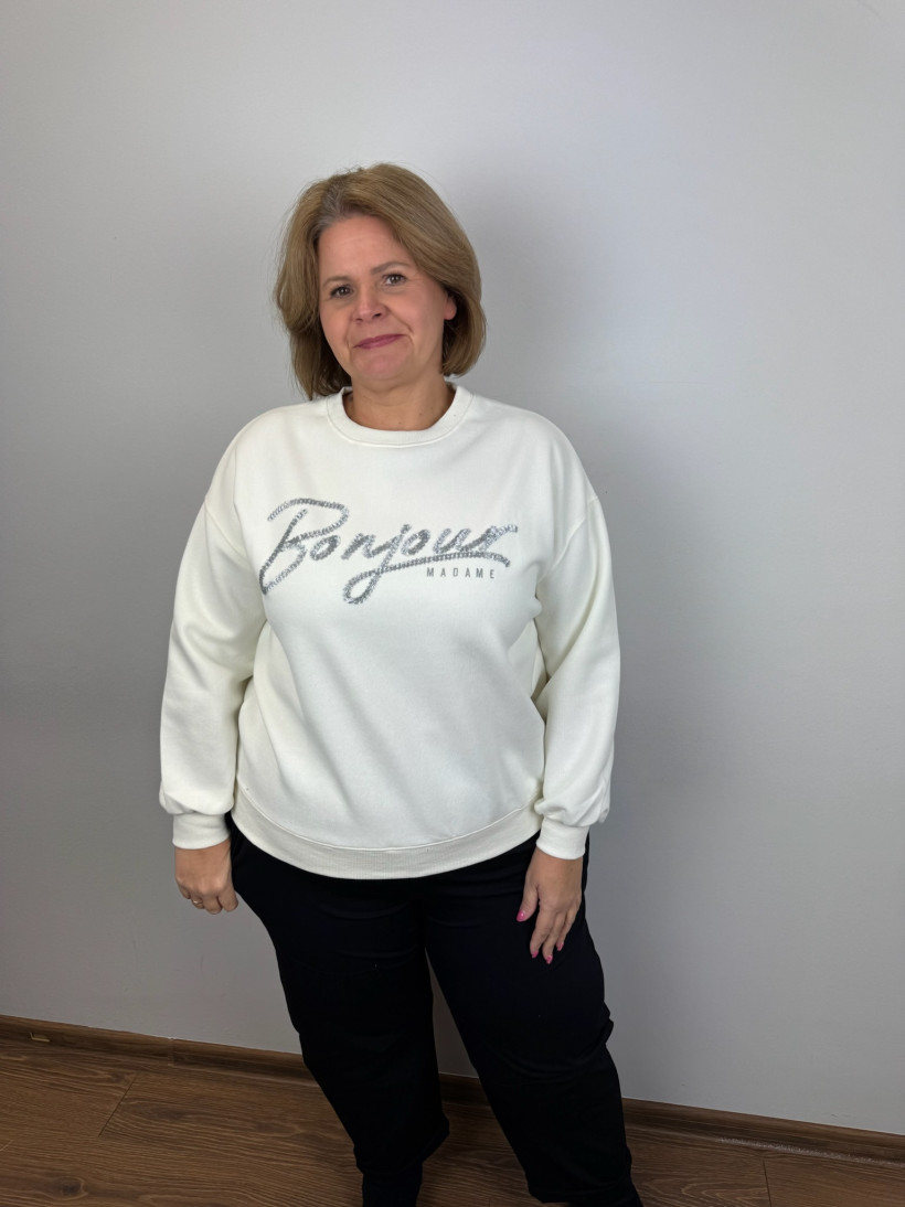 Bluza jednokolorowa napis srebrny bonjour - 25501 - śmietankowa