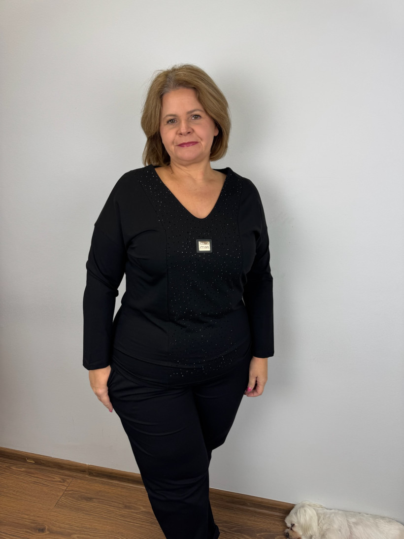 Bluzka w serek, cyrkonie, złoty znaczek min - rr - 4966 - czarna