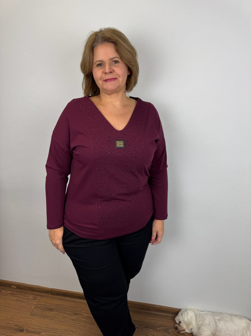 Bluzka w serek, cyrkonie, złoty znaczek min - rr - 4966 - bordo