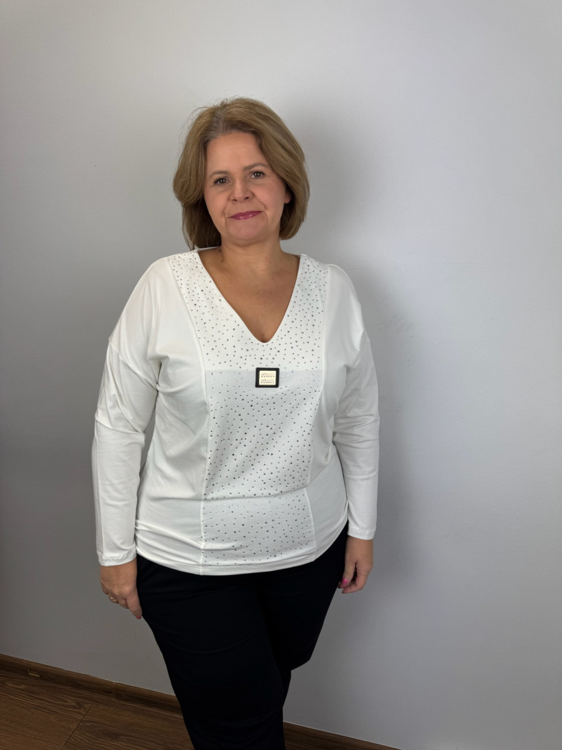 Bluzka w serek, cyrkonie, złoty znaczek min - rr - 4966 - biała