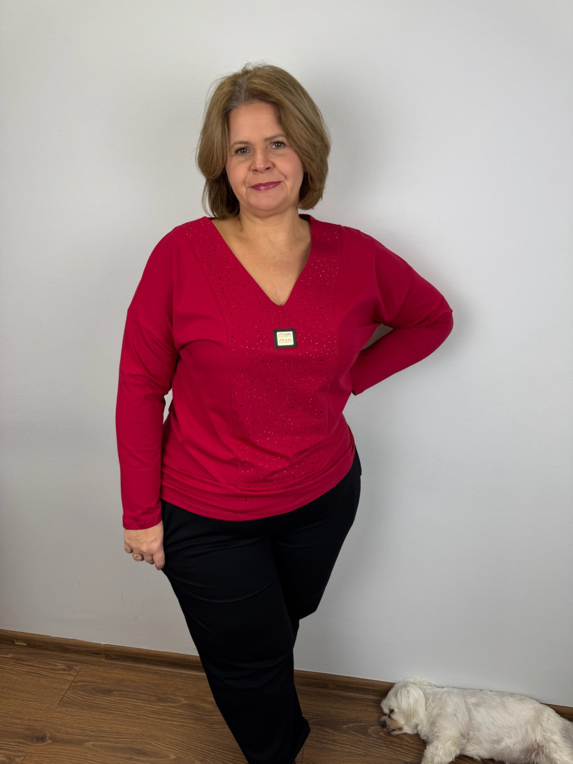 Bluzka w serek, cyrkonie, złoty znaczek min - rr - 4966 - malina