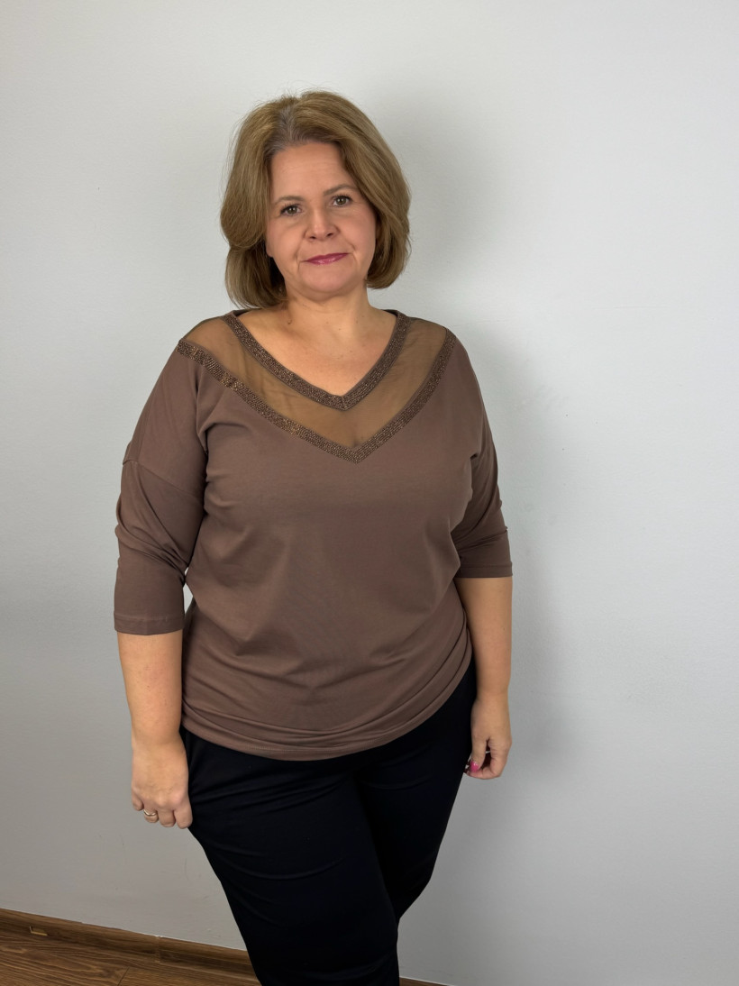 Bluzka w serek permanentny dekold z cyrkoniami - 4961 - czekolada