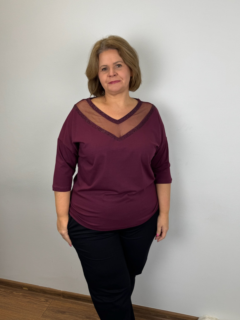 Bluzka w serek permanentny dekold z cyrkoniami - 4961 - bordo