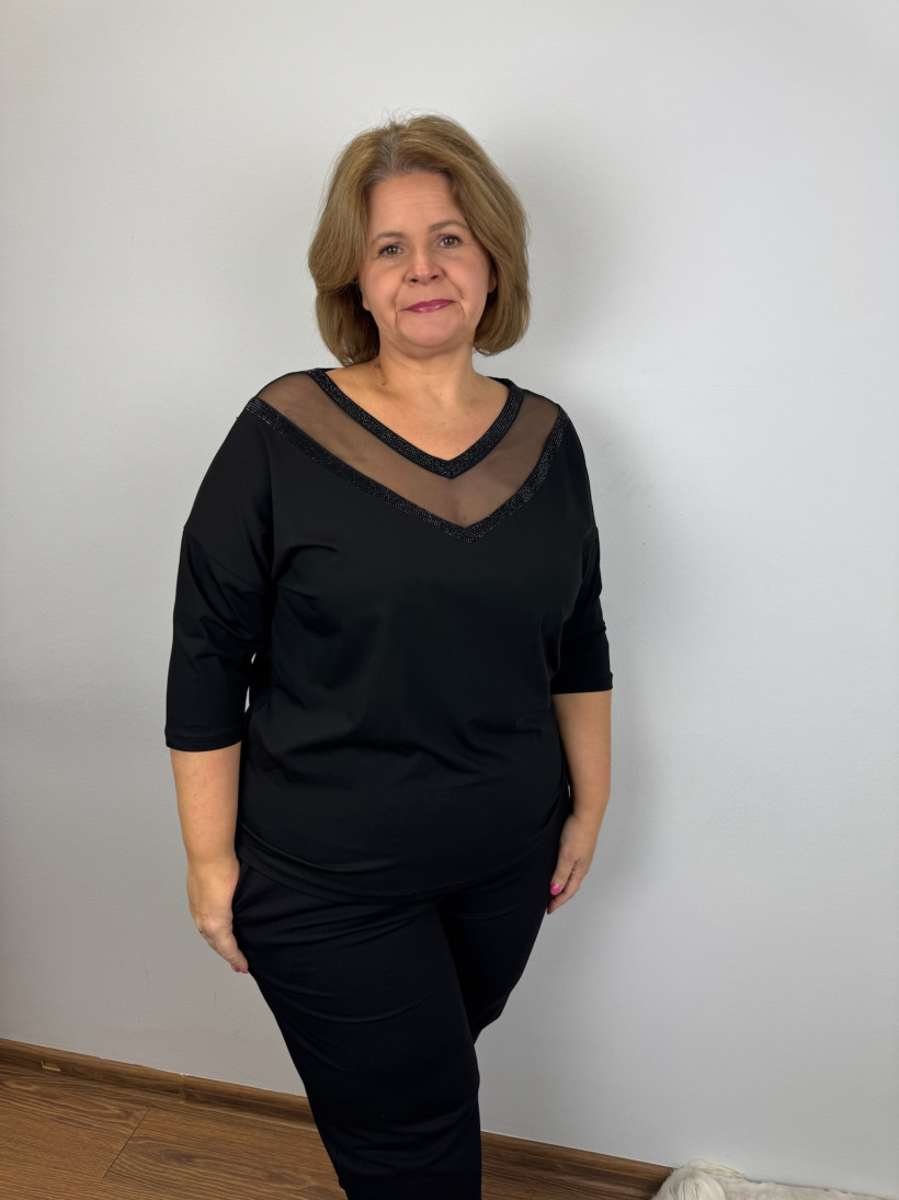 Bluzka w serek permanentny dekold z cyrkoniami - 4961 - czarna