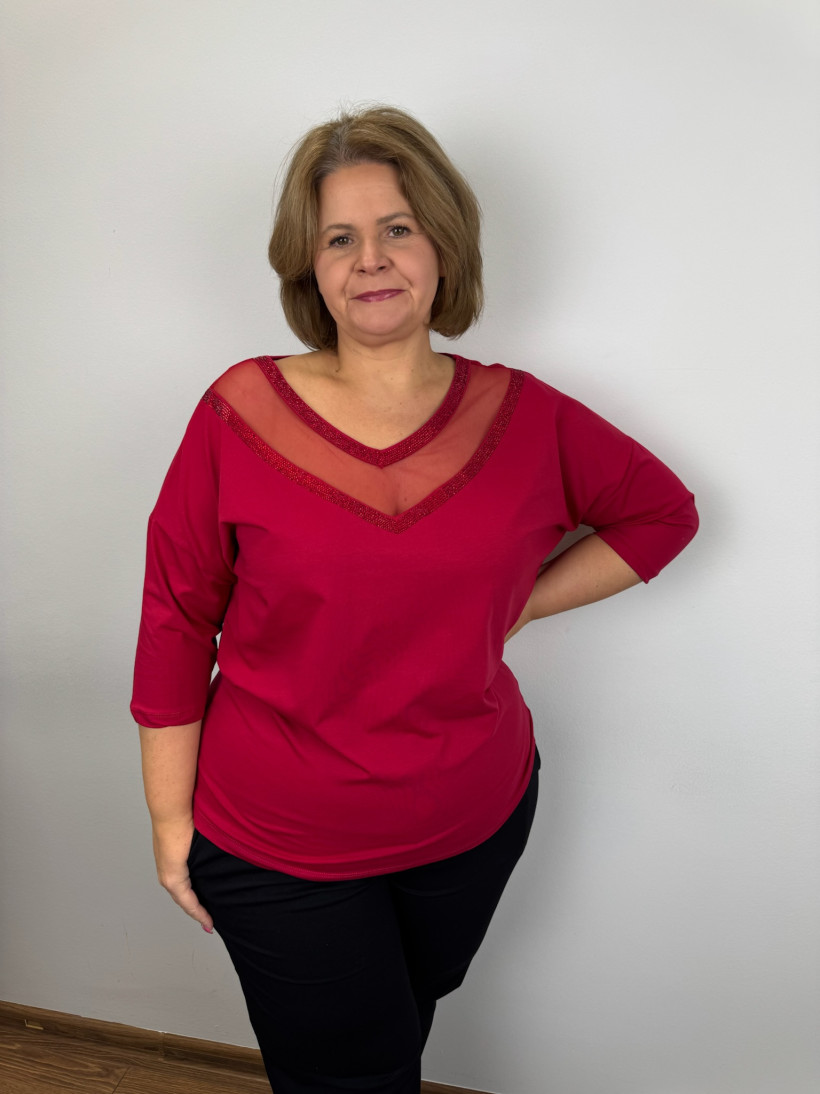 Bluzka w serek permanentny dekold z cyrkoniami - 4961 - malina