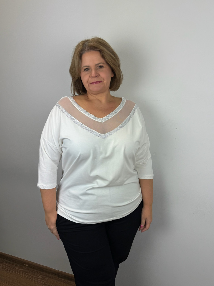 Bluzka w serek permanentny dekold z cyrkoniami - 4961 - biała