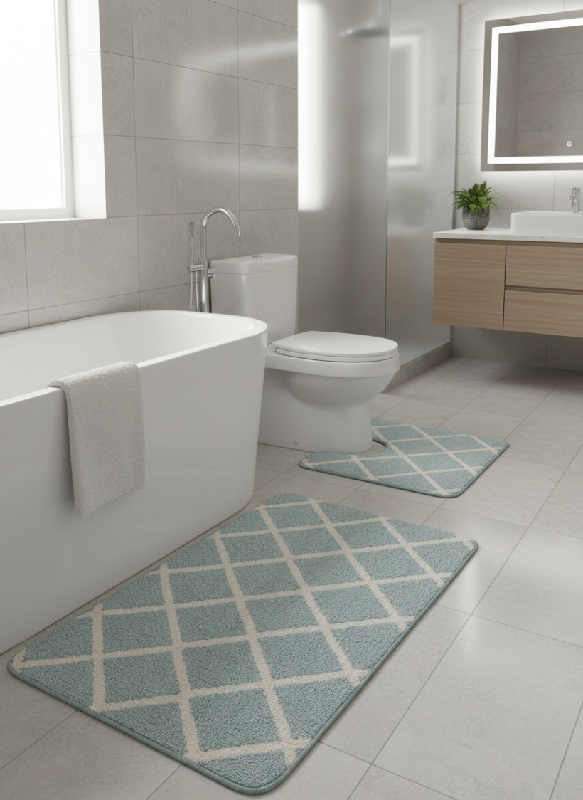 Komplet dywaników błękitno białe romby 100x60cm i 50x60cm z wycięciem