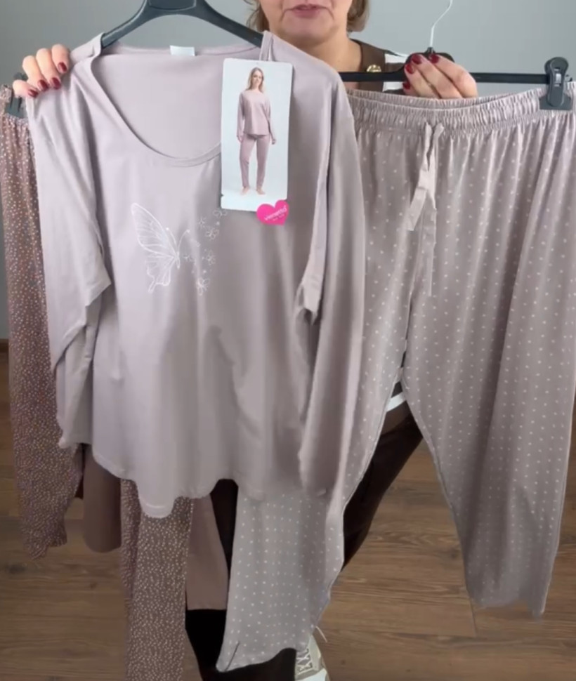 Piżama góra gładka z motylkiem + spodnie w kropeczki - 2xl - 503010 - puder