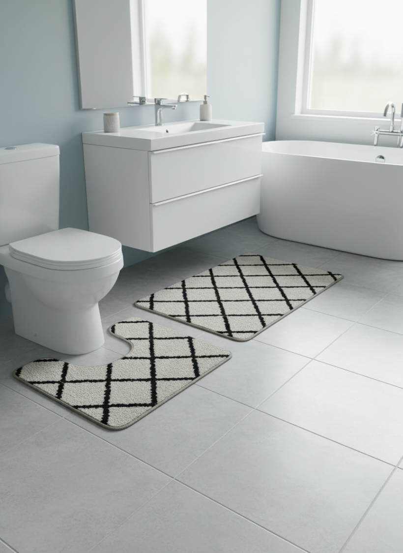 Komplet dywaników beżowo czarne romby 100x60cm i 50x60cm z wycięciem