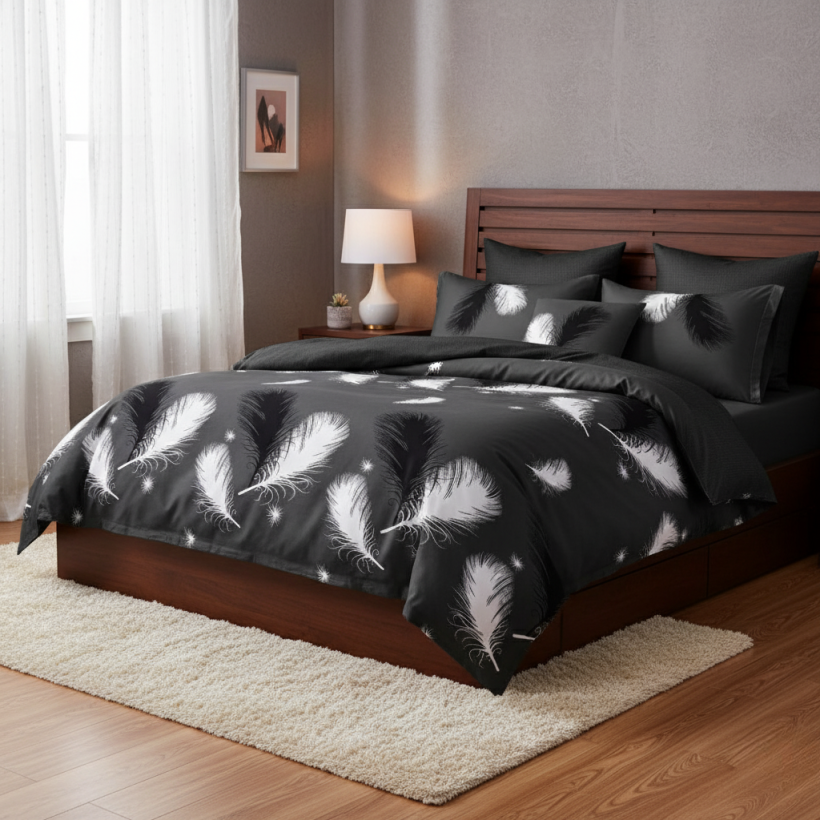 Pościel polarowa 3 częściowa 200x220cm wzór Czarno białe pióra