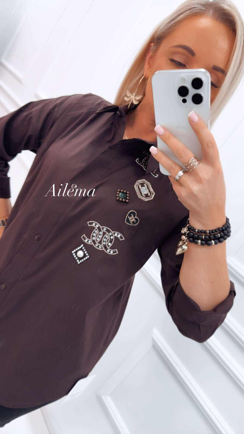 Koszula  na guziki Manilla czekoladowa kk1100 ozdobne wyszycia 