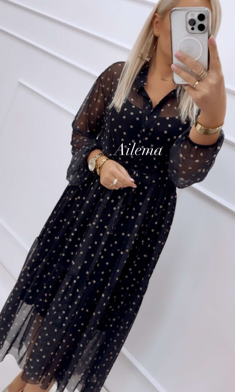 Sukienka MANILLA siatka kk1101 czarna w groszki