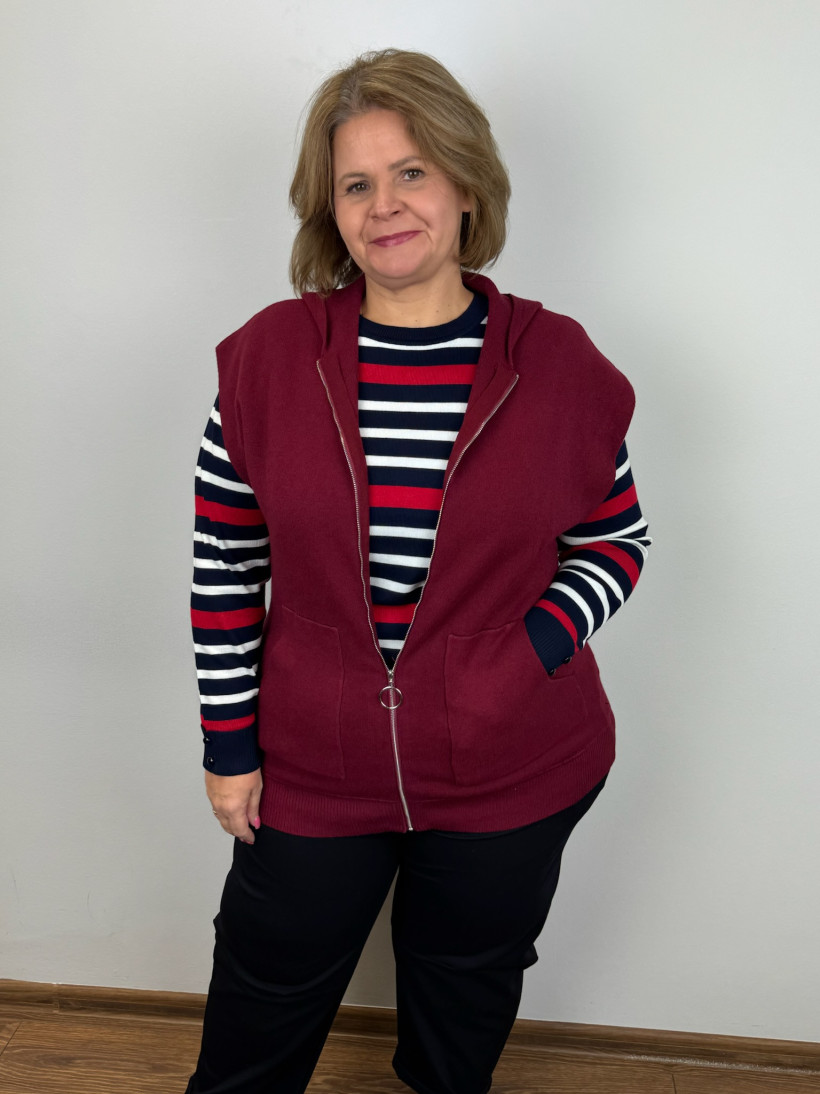 Kamizelka sweterkowa z kapucą zapinana na zamek - (m/l, xl/2xl) - 6526 - bordo