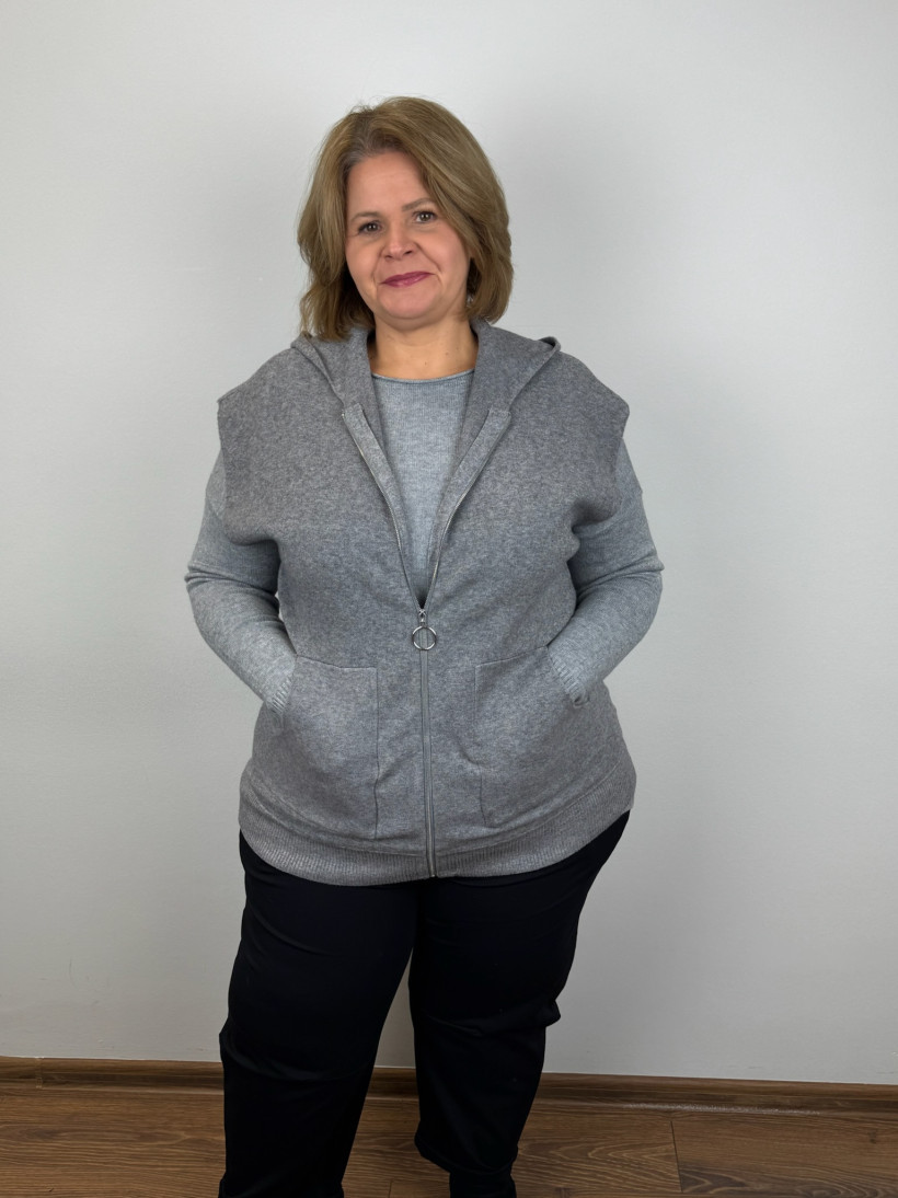 Kamizelka sweterkowa z kapucą zapinana na zamek - (m/l, xl/2xl) - 6526 - popiel