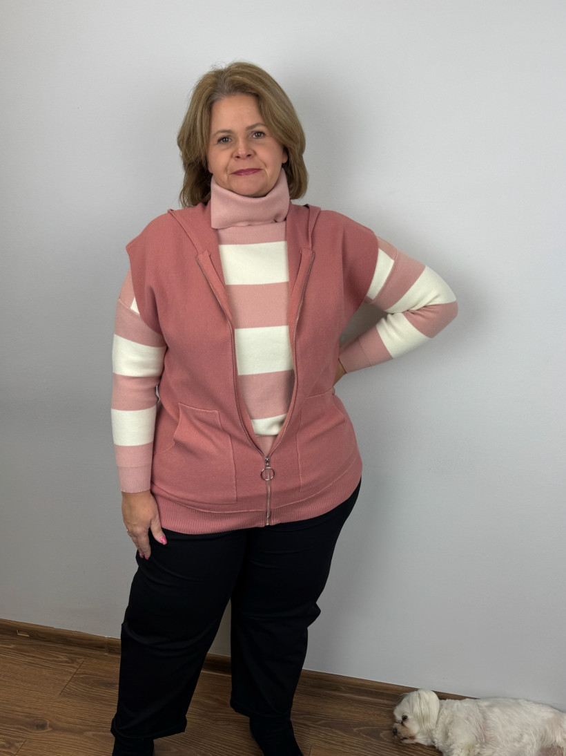 Kamizelka sweterkowa z kapucą zapinana na zamek - (m/l, xl/2xl) - 6526 - brudny róż