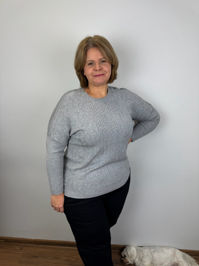Sweter ażurowe ramione, wytłaczany wzór - (m/l, xl/2xl) - 7306 - popiel