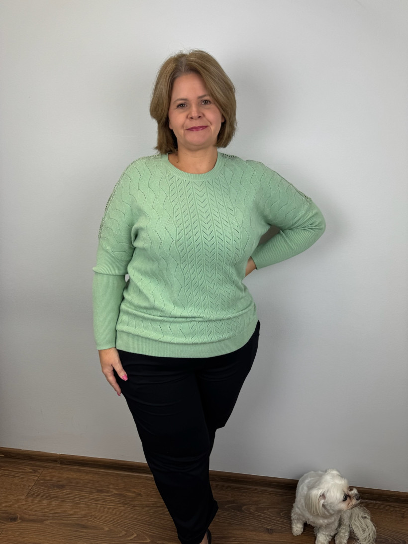 Sweter ażurowe ramione, wytłaczany wzór - (m/l, xl/2xl) - 7306 - mięta