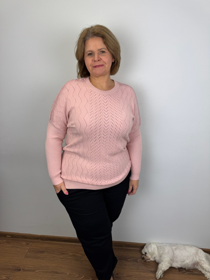 Sweter ażurowe ramione, wytłaczany wzór - (m/l, xl/2xl) - 7306 - puder