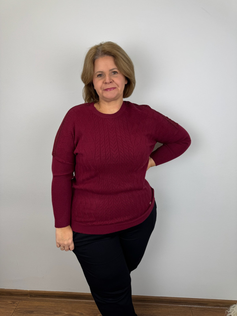 Sweter ażurowe ramione, wytłaczany wzór - (m/l, xl/2xl) - 7306 - bordo