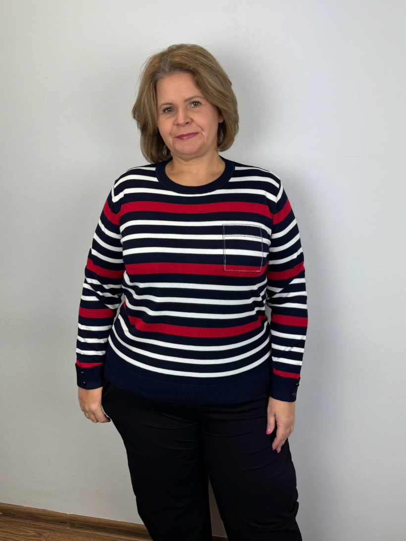 Sweterek w paski, guziczki przy rękawie - (m/l, xl/2xl) - 7627 - czerwony