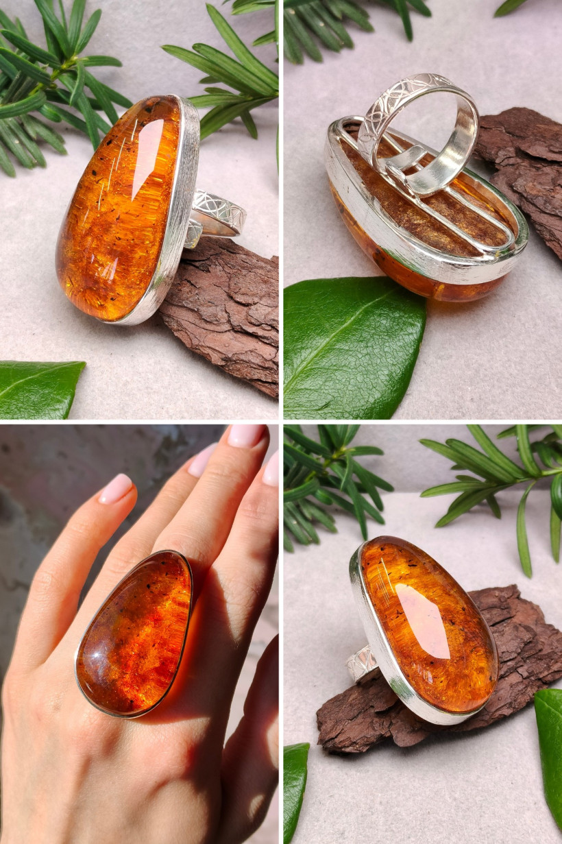 Duży pierścionek z naturalnym bursztynem bałtyckim i srebrem 925 – ręcznie wykonany, unikatowy dodatek