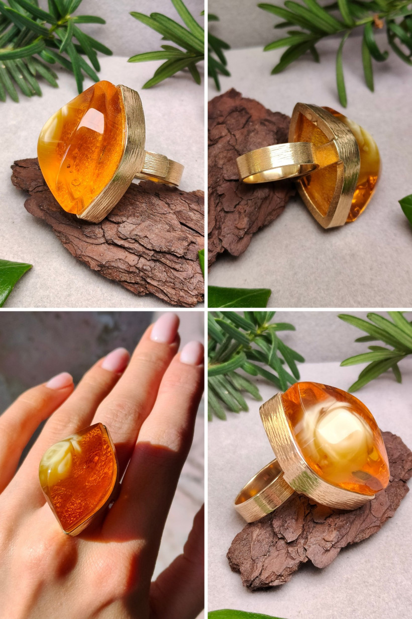 Unikalny pierścionek z naturalnym bursztynem w złotej oprawie – ręcznie wykonana biżuteria artystyczna
