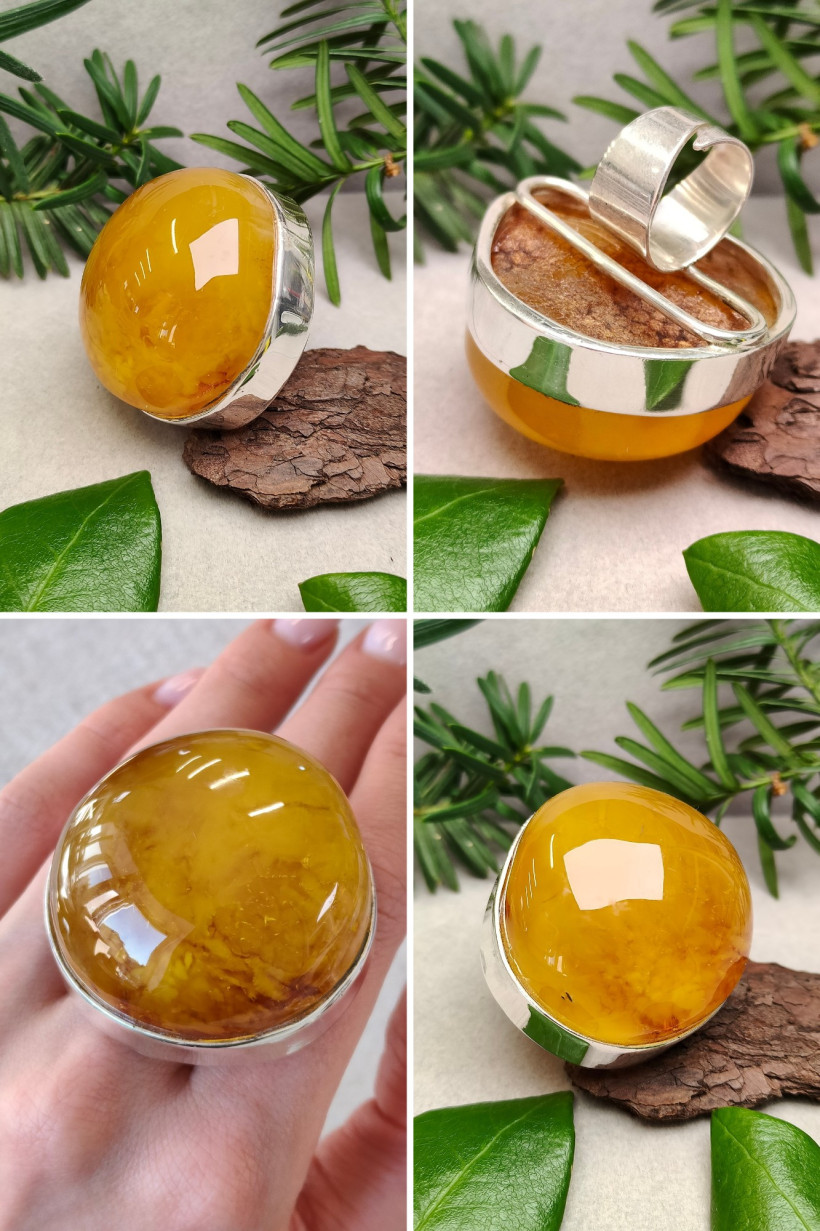 Duży pierścionek z naturalnym bursztynem bałtyckim i srebrem 925 – ręcznie robiony, unikatowy prezent z Polski