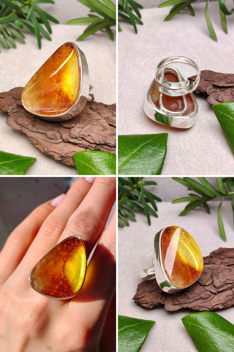 Regulowany pierścionek z naturalnym bałtyckim bursztynem i srebrem 925 – unikatowy, duży, ręcznie wykonany