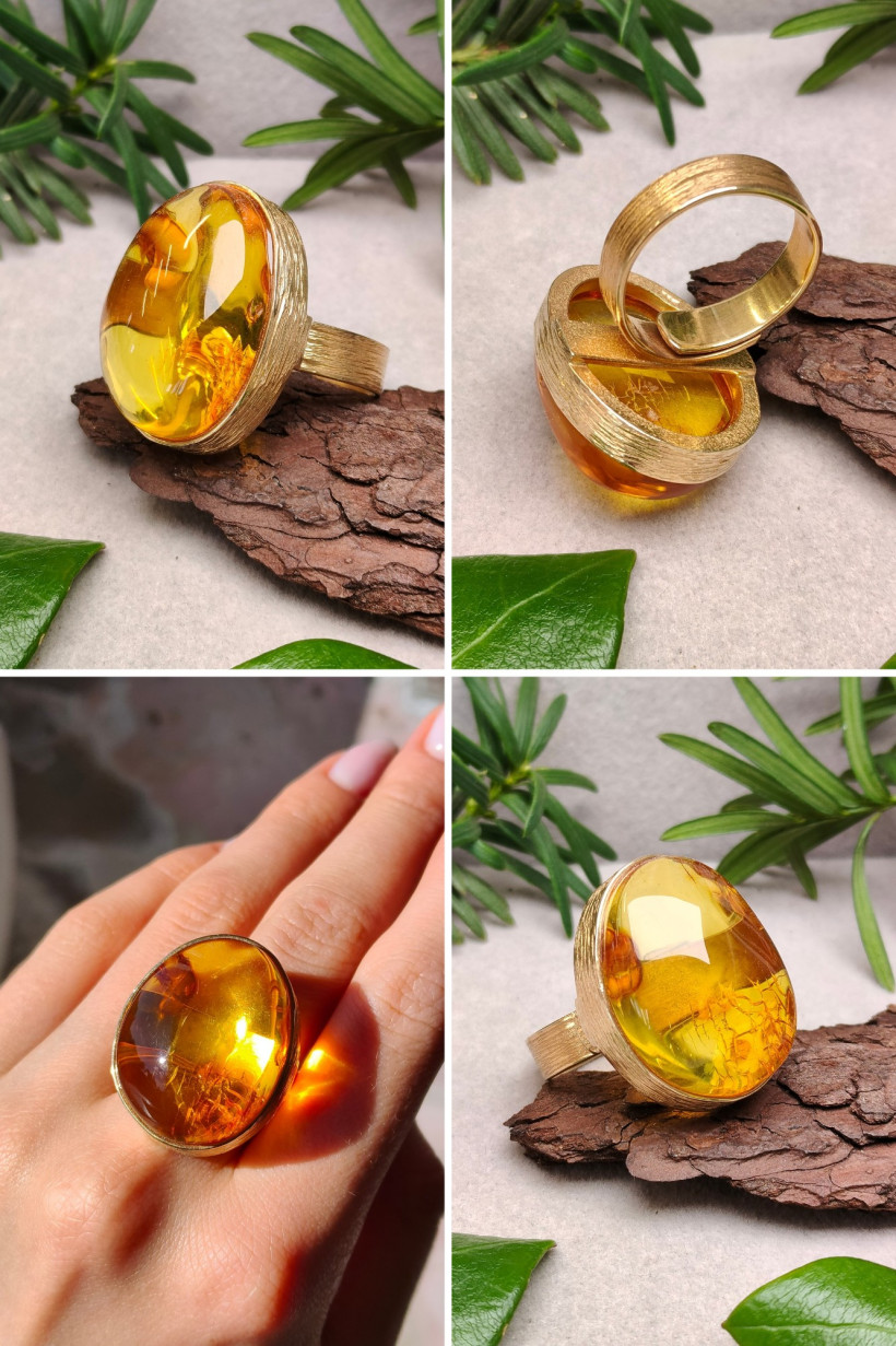 Pierścionek z naturalnego bursztynu bałtyckiego w złotej oprawie | Duży, owalny bursztyn miodowy | Ręcznie robiona