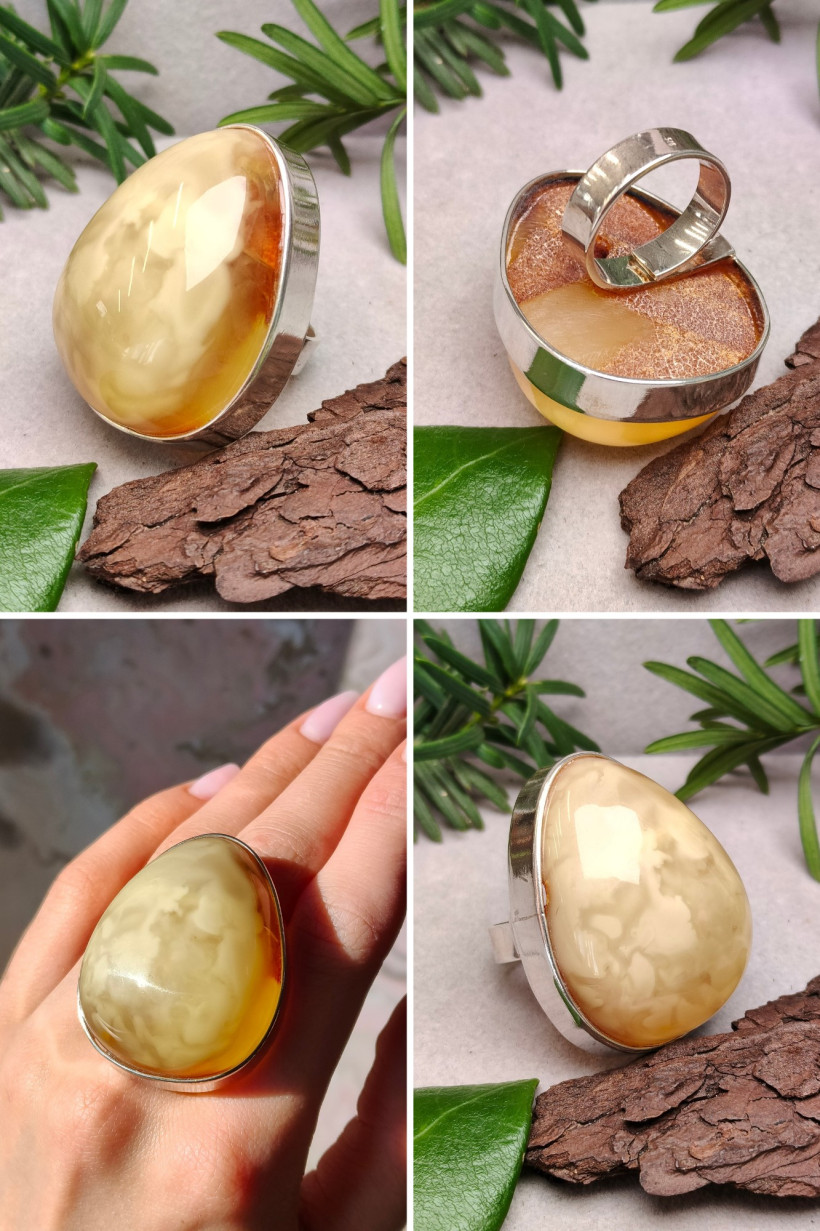 Pierścionek z białego bursztynu bałtyckiego i srebra 925 – unikatowa biżuteria ręcznie robiona, srebrny pierścionek z naturalnym bursztynem