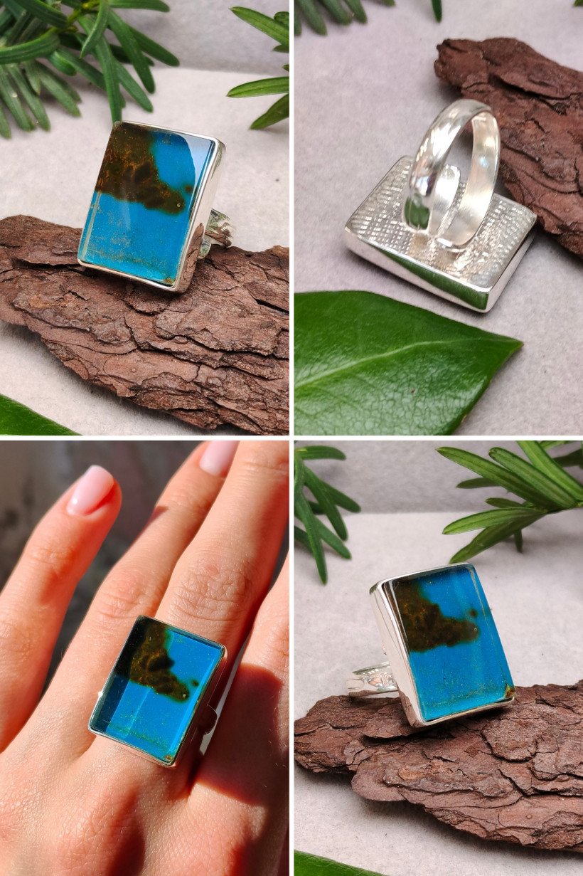 Pierścionek z niebieskim bursztynem bałtyckim i srebrem 925, unikatowa biżuteria artystyczna, ręcznie robiony, duża prostokątna forma, prezent dla niej