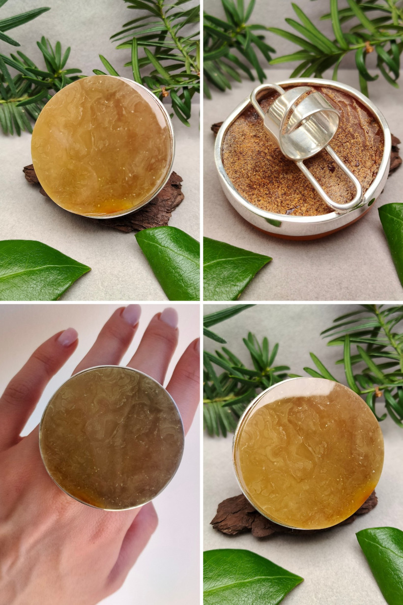 Duży pierścionek z naturalnego bursztynu bałtyckiego i srebra 925 – unikat rękodzieło, regulowany, masywny