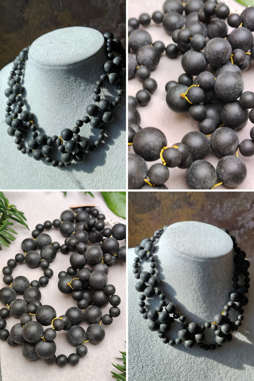 Naszyjnik z czarnego bursztynu matowy, unikatowa biżuteria ręcznie wykonana, naturalny bursztyn bałtycki
