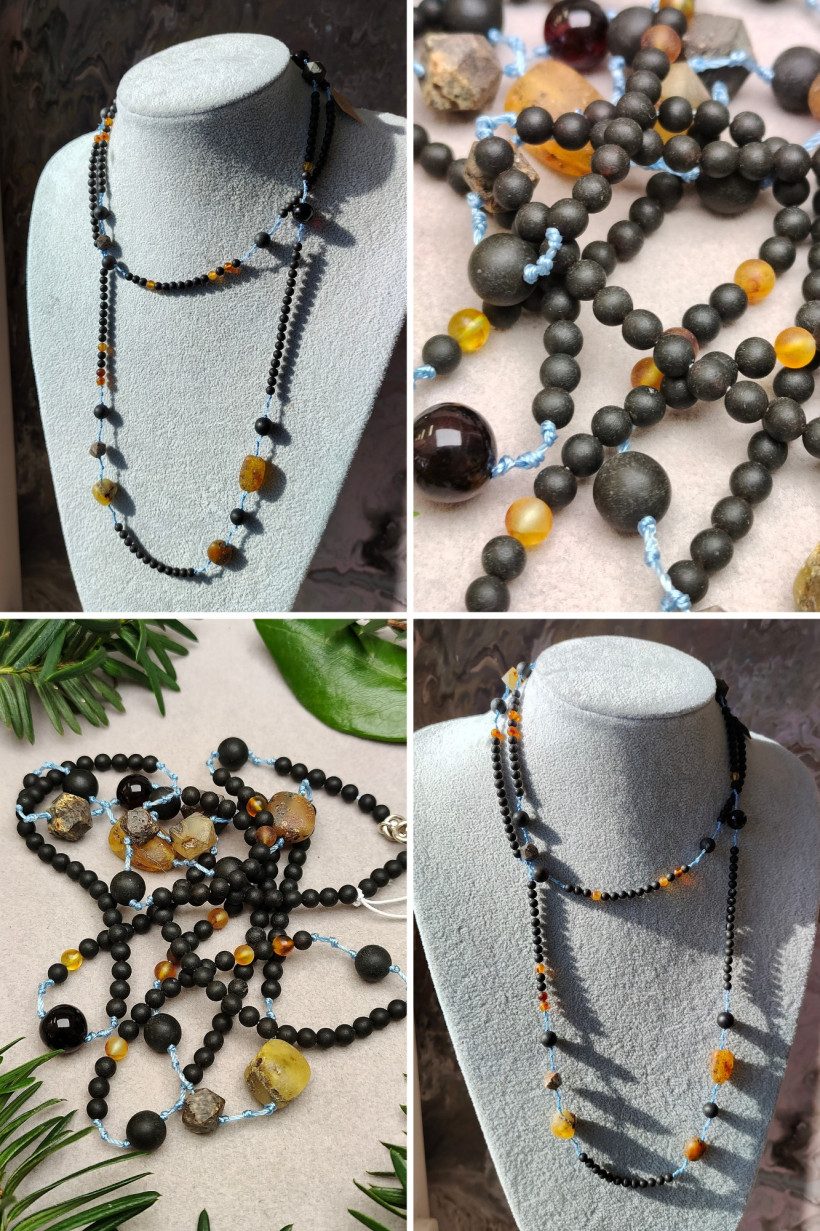Naszyjnik z naturalnego bursztynu bałtyckiego i matowych czarnych koralików – unikatowa biżuteria handmade z Polski