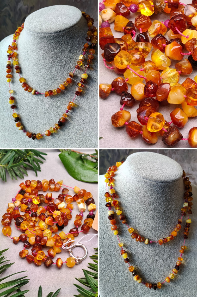 Naszyjnik z naturalnego bursztynu bałtyckiego – ręcznie szlifowane kamienie, energetyczny miks barw, klasyka i styl boho na różowym sznurku