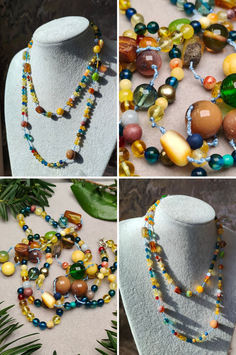 Kolorowy naszyjnik z bursztynu bałtyckiego i kamieni naturalnych, ręcznie robiona biżuteria boho – unikat, idealny na prezent