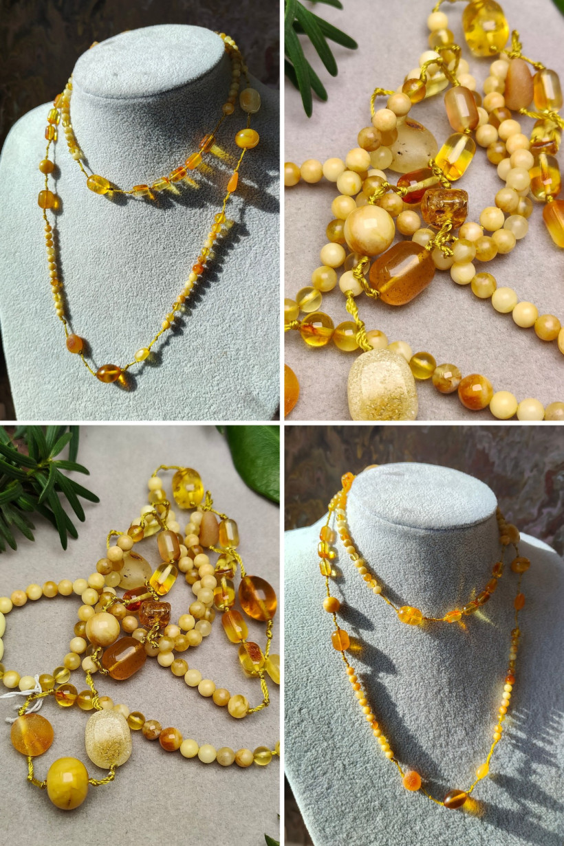 Wyjątkowy naszyjnik wykonany z naturalnych, ręcznie szlifowanych bursztynów bałtyckich w różnych odcieniach cytrynowyc