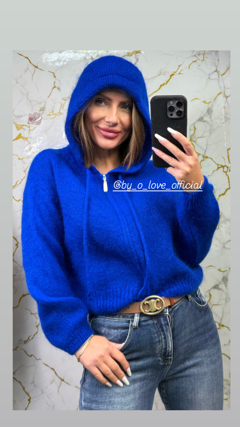 Nowy Damski sweter kobalt Niebieski unii Kaptur suwak