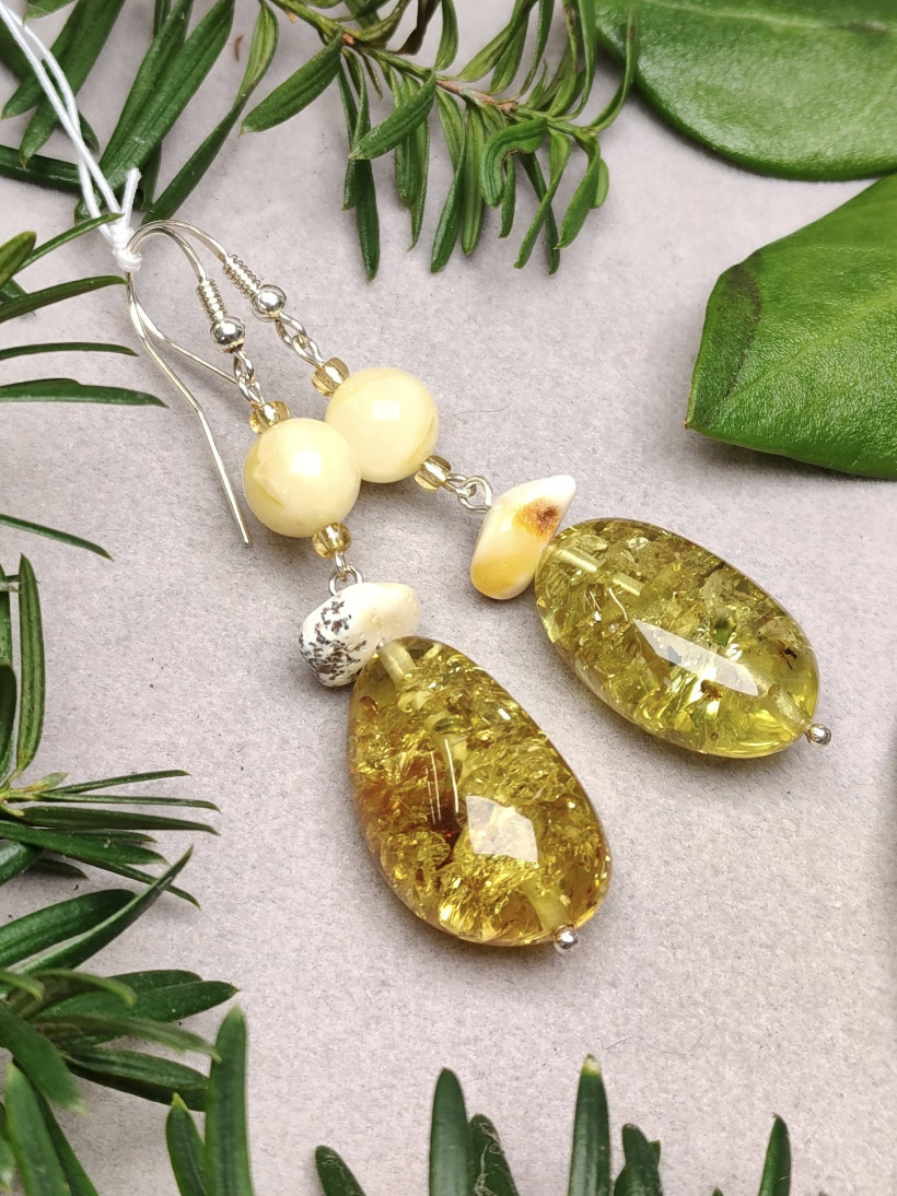 Długie wiszące kolczyki z naturalnego bursztynu bałtyckiego | Żółty bursztyn mleczny & srebro 925