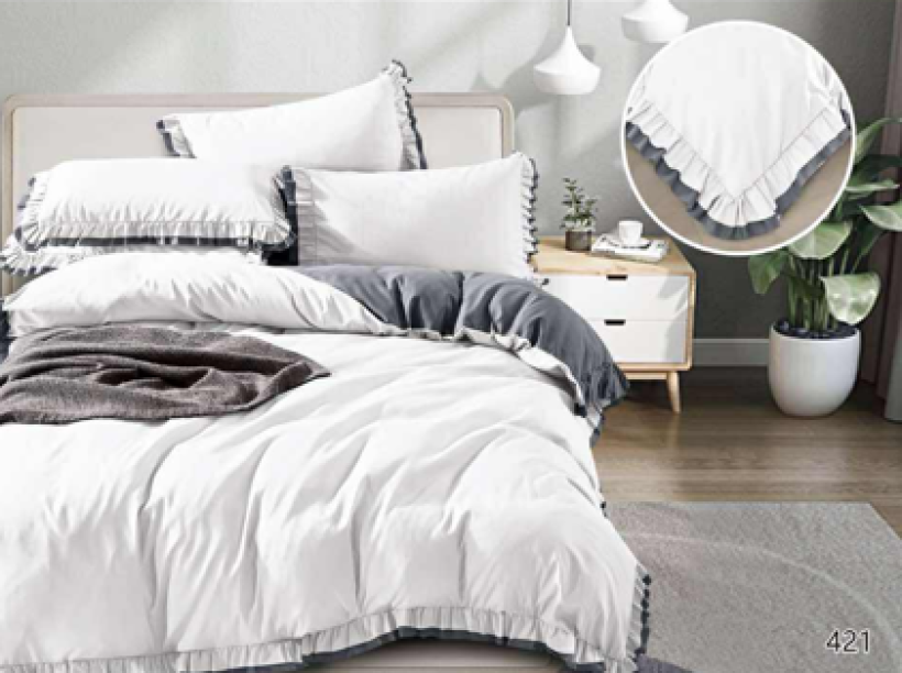 Komplet pościeli z falbanką F421 biało- szara 